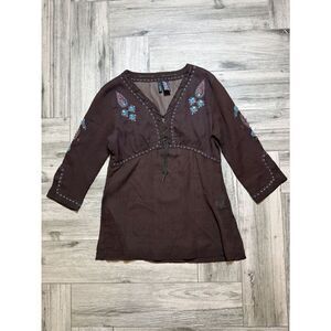 Mix It Sheer Brown Embroidered V-Neck Tunic with Colorful Beaded Accents